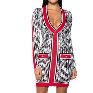 NWOT Akira Balmain Mazey Printed V-Neck Monogram Long Sleeve Dress M Medium